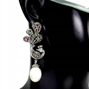 Kolczyki srebrne szmaragdy markazyty perły ptaki 4