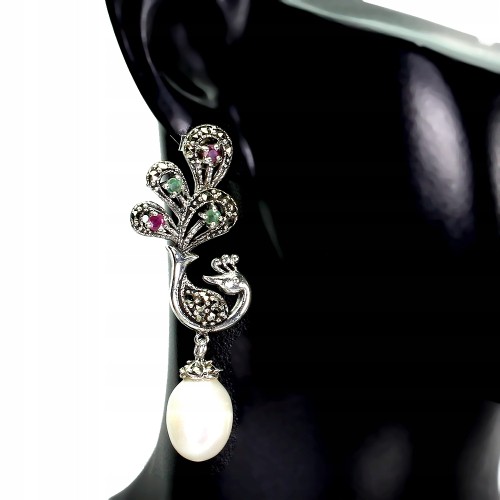 Kolczyki srebrne szmaragdy markazyty perły ptaki 4