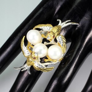 Srebrny pierścionek r 17 granaty perły 925 ptak